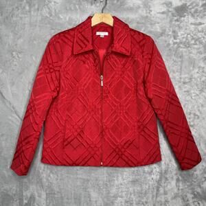 Erin Jacket Womens Petite Medium Red Textured Jacquard Zip Front Collared Pocket